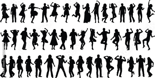Dancing people silhouettes, dance poses vector, energetic movement illustration, happy dancers group, party celebration clipart, performing arts shadow, lifestyle fun motion, 
