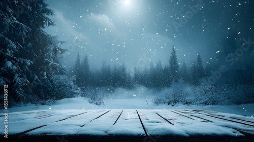 Snowy Winter Landscape with Wooden Table for Holiday Background
