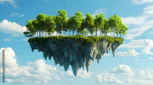 Majestic Floating Island with Lush Grove - Awe-Inspiring Aerial View