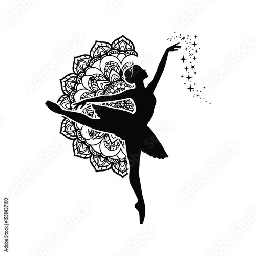 Elegant Ballerina Silhouette with Mandala Design and Sparkling Dust Dance Art Vector Graphic