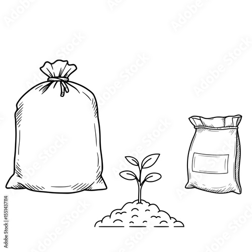 Plant growing from soil beside bags of fertilizer and soil  