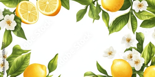 Citrus Border. Yellow Lemon, Leaves, and Flowers Frame with Tropical Clip Art Illustration