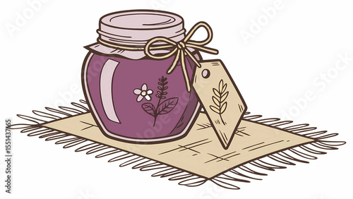 Illustration of homemade jam jar with tag on a decorative mat for food and product presentation