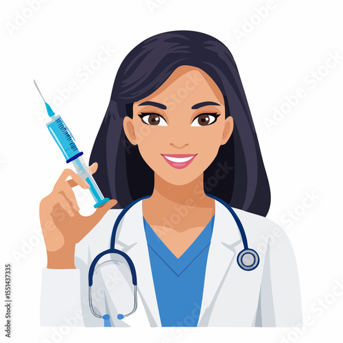 Professional female healthcare practitioners with syringes, stethoscopes, and gloves in a medical clinic