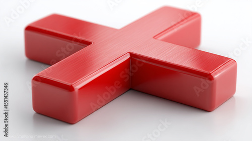 Red cross symbol, three dimensional, isolated on white background, representing rejection, error, or prohibition, with glossy finish and modern design
