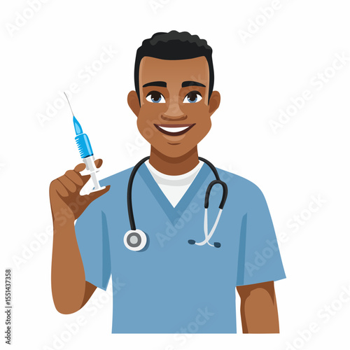 Professional doctor in uniform with a stethoscope, holding a syringe, smiling and standing in a clinic, symbolizing healthcare and medical care