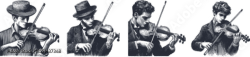 Halftone stipple bundle design featuring young man with hat playing violin, black engraving style, detailed dotted texture, musical instrument illustration, vintage art, vector engraving set photo