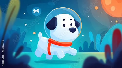 Playful dog cartoon space suit night blue orange outdoor soft exploration adventure happy fantasy animal cute illustration digital art helmet landscape moon stars collar pet friendly imaginative