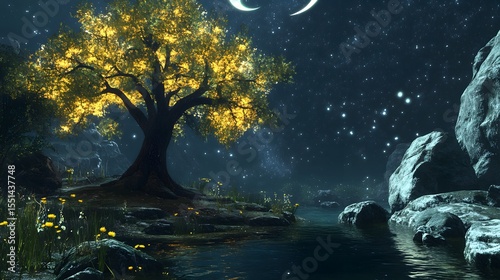 Mystical Fantasy Landscape with Enchanted Tree at Night