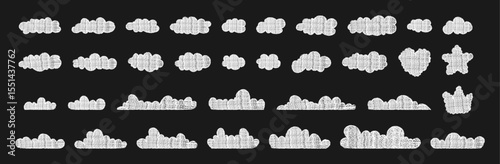 Pastel cloud silhouette set on a black background. White cloud shapes in various styles, symbols drawn with pastel pencil texture.