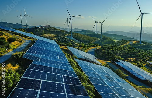 Alternative energy. Wind turbines in a wind farm to generate clean green energy. Combating climate change. Renewable wind energy. Environmental protection. Power generator. Ecology.
