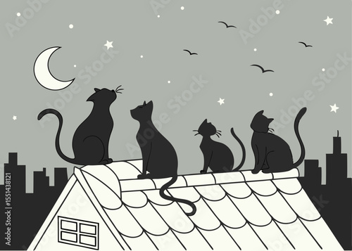 Four Black Cats on a Roof Under a Crescent Moon at Night