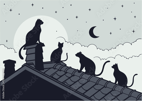 Cats on a Rooftop Under the Moonlight Nighttime Silhouette Illustration