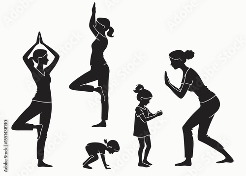 A collection of six different Child doing simple yoga pose with mom black silhouette vector illustration 