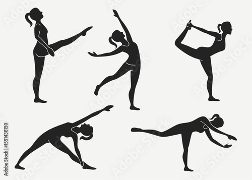Silhouette of woman in various yoga poses health and wellness concept vector illustration