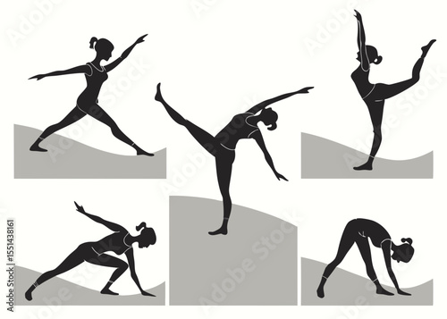 Silhouette of a woman in various yoga poses on a white background with gray shapes