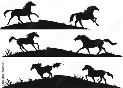 Silhouette Horses Running on Hills Vector Illustration Wild Animals Black and White