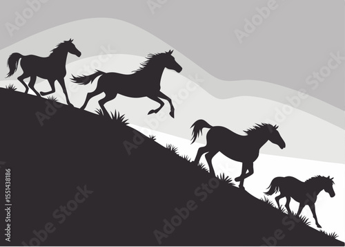 Silhouette of Wild Horses Running Down a Hill in a Grayscale Landscape