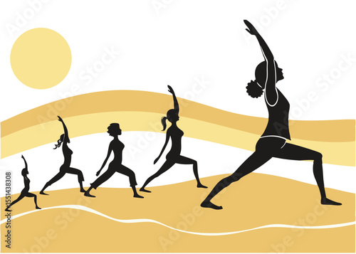 Silhouetted women doing yoga poses in a row with a sun in the background