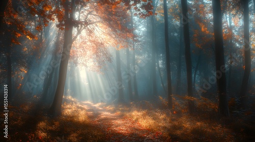 Enchanting Foggy Fantasy Forest with Morning Sunshine