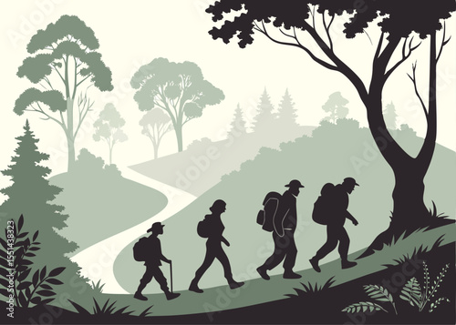 Silhouetted hikers on a winding trail through a forest landscape illustration