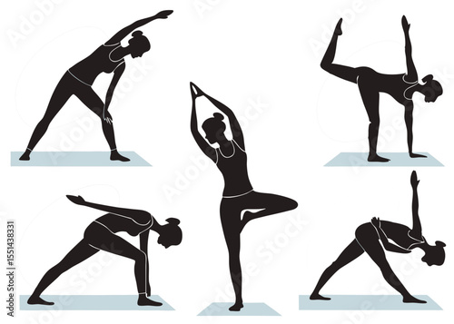 Silhouette Collection of Woman Practicing Yoga Poses on a Mat for Wellness