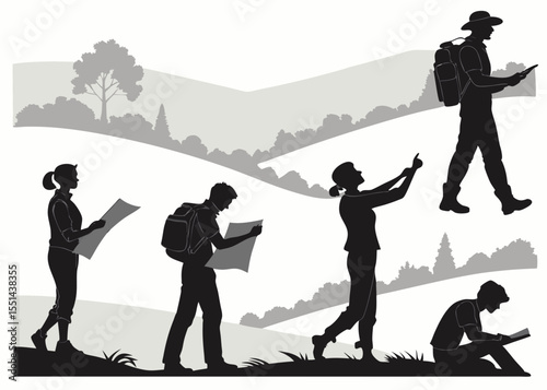 Silhouetted group of people hiking and reading in nature with a landscape background