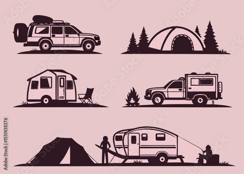 Camping and Overland Vehicles and Trailers Silhouettes for Adventure and Outdoors Activities