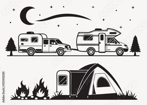 Black and White Camping Scene with Campers Tent Bonfire Moon and Stars