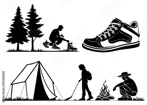 Black and white silhouette illustration of camping activities including hiking tent setup and campfire