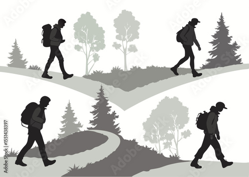 Monochrome Hiking Collage Silhouettes of Backpackers on Trails Through a Forest Landscape