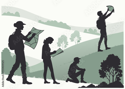 Group of Hikers Navigating with Maps in a Hilly Landscape Illustration