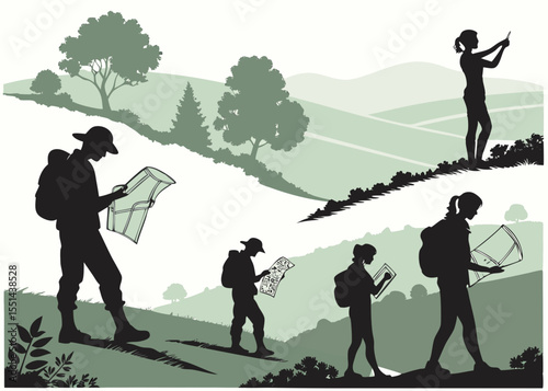 Silhouetted Hikers Navigating with Maps and Phones on a Green Grassy Hillside