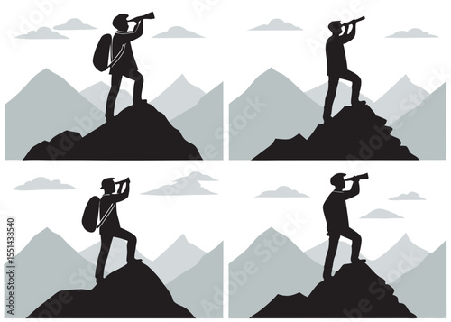 Silhouetted figures on mountain peaks looking through spyglasses in four variations