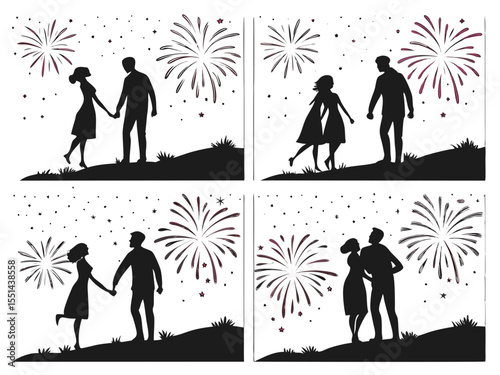 Silhouetted Couples Watching Fireworks on Hills in Four Different Poses