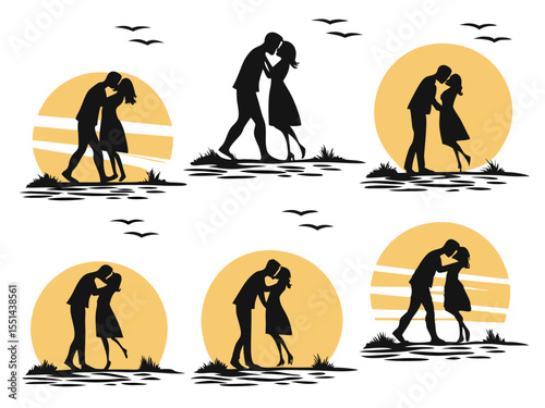 Romantic Couple Silhouettes Kissing at Sunset Vector Illustration for Valentine s Day