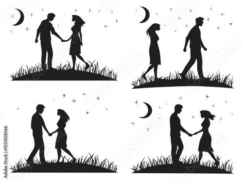 Silhouetted Couple Walking Hand in Hand Under the Moon and Stars