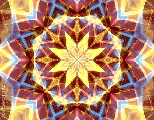 A fragmented light pattern created by a kaleidoscope on a textured surface, offering a mesmerizing visual.