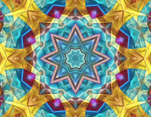 A fragmented light pattern created by a kaleidoscope on a textured surface, offering a mesmerizing visual.