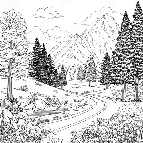 Coloring Book Road. Children's Summer Colouring Book with Sunny Meadow and Mountain Landscape
