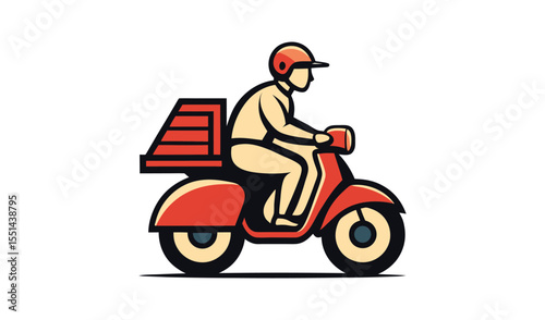 Stylized illustration of a delivery person riding a scooter with a cargo box on the back