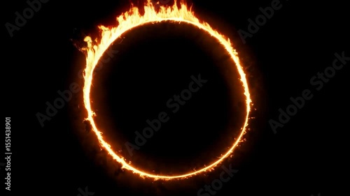Dramatic fiery circle on a black backdrop, featuring intense burning flames in circular geometric form for high impact design.