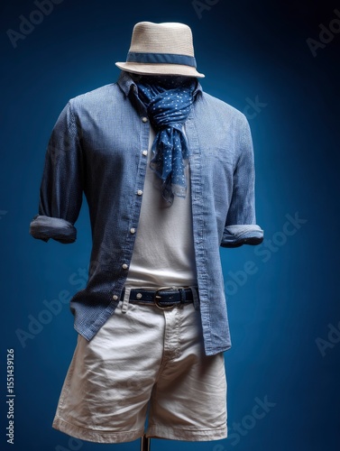 Mannequin dressed in white shorts tshirt and blue shirt accessorized with a scarf and hat against a blue background