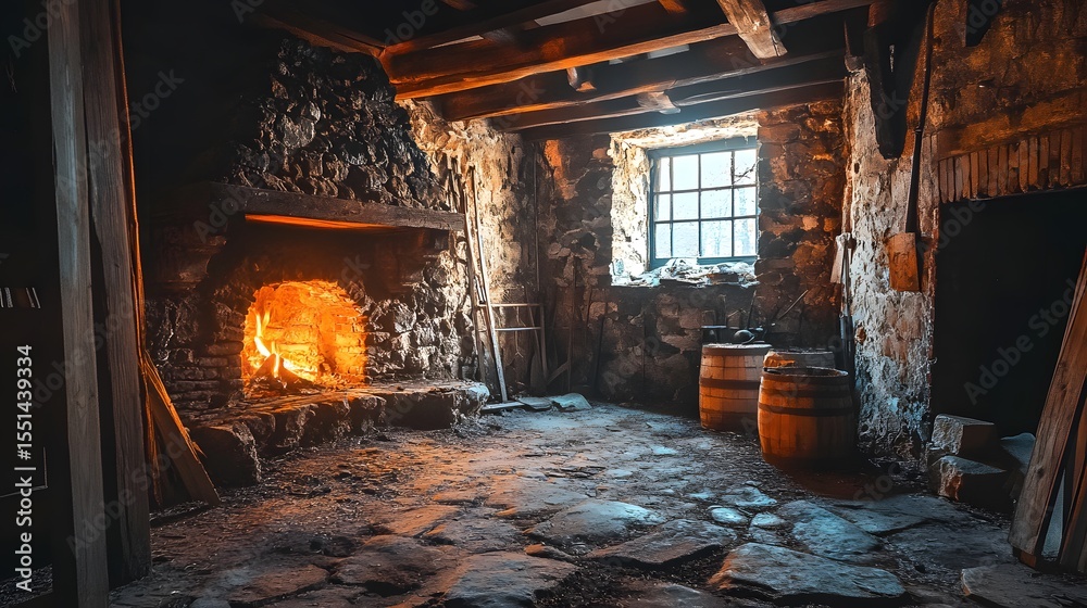 Fototapeta premium Vintage House Room in Old Cellar Medieval Workshop Interior