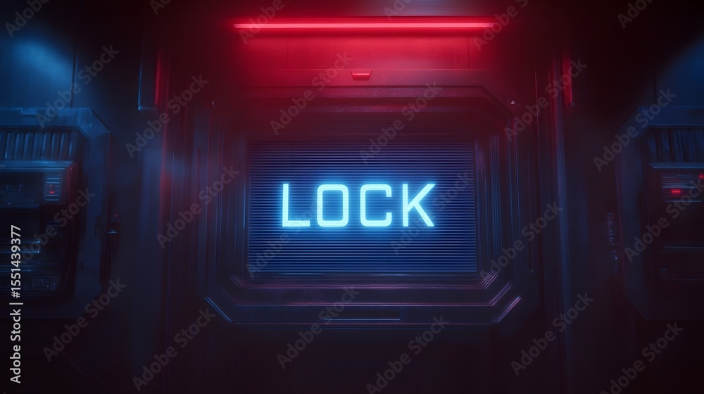 Naklejka premium Futuristic neon LOCK display with hand gesture interface
