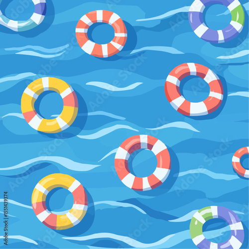Flat vector background with striped lifebuoys on sea, ideal for beach-themed packaging, summer posters and fun decor