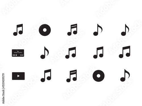 Black music notes audio waveform and play button icons