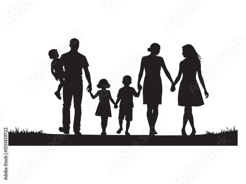 Black silhouette of a family walking on grass people