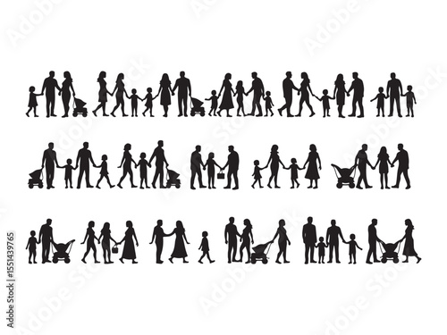 Black silhouettes of families walking with children and strollers