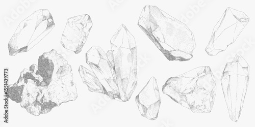 Set of magical crystals and druzy stones drawn in vintage stipple style. Elegant ink sketch with gritty halftone texture, mystic gemstone illustration.